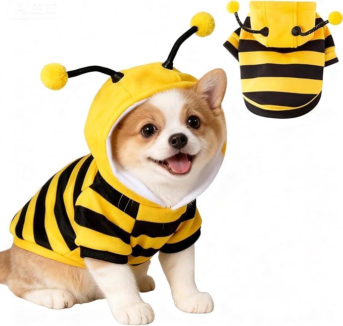 Bumblebee Cat Costume for Sphynx & Small Dogs, Fit Halloween, Yellow, S | Cute Bee Stripes Hoodie, Soft Warm Fleece, Holiday Cosplay Outfit, Daily Leisure Wear, Easy to Put, Safe for Leash Walking