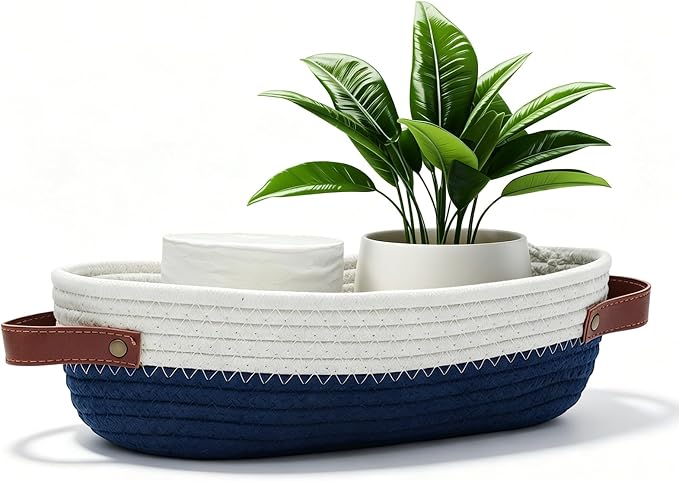 1 Pack Small Woven Storage Basket for Toilet Tank Top, Bathroom Countertop Organizer Cotton Rope Toilet Paper Storage Decorative Basket 13"x6"x4"(Navy/White)