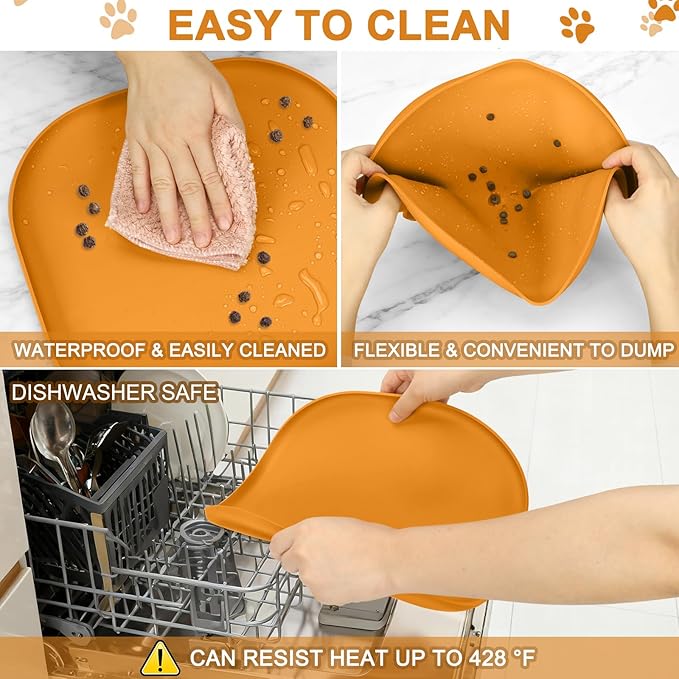 Smilool Small Silicone Pet Food Mat with Raised Edge for Food and Water Bowl, Square Dog Feeding Mats, Cat Food Trays for Floor Waterproof, Rubber Tray for Dogs and Cats, 12 x 12 x 0.7 Orange