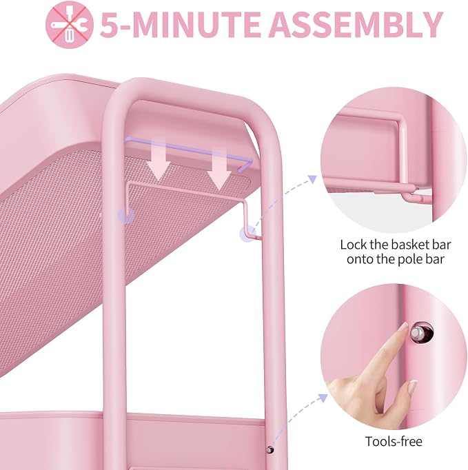 TOOLF 4 Tier Metal Rolling Cart, Utility Storage Cart with Wheels, Pink | Screwless Assembly, Lockable Metal Wheels, Trolley Organizer for Bathroom, Kitchen, Office, Dorm, Laundry, Craft Room