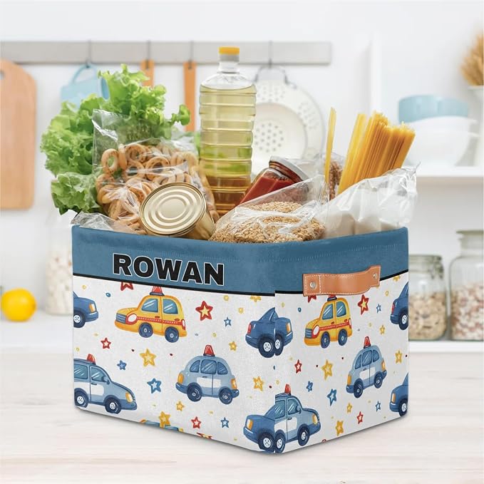 Personalized Kids Toy Box with Name, Custom Nursery Baskets Cubes Bins, Kids Custom Storage Basket Laundry Baskets Organizer with Handles, Cartoon Police Car with Stars