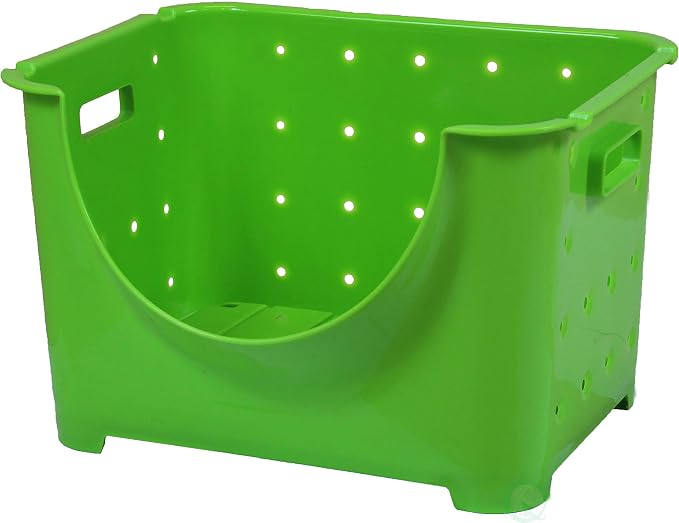 Basicwise Stackable Plastic Storage Bins with Cut Out Handles - Set of 3 Durable Organizing Containers for Home, Closet, Garage, Office - Easy Access Even When Stacked - 10 x 11 x 9 in - Green
