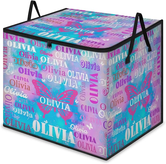 Custom Storage Baskets Cubes for Home with Name, Large Organizer Collapsible Storage Bins for Home Blanket Comforters Clothes Closet Nursery, Watercolor Pink Blue Galaxy with Butterflies
