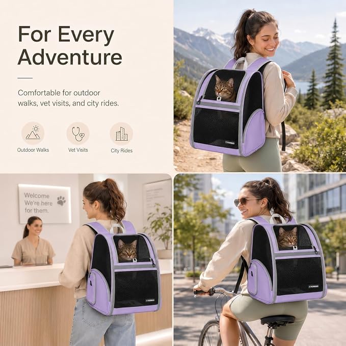 Cat Backpack Carrier for Small Dogs and Medium cat Puppy Kitten Bunny Pet Carrier Backpack Collapsible with Fully Ventilated Mesh with Safety Leash (Purple, 12.9" L x 10.62" W x 15.5" H - M)