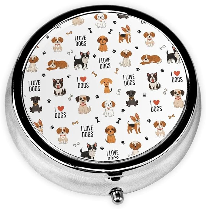 Small Pill Organizer, Round Metal Dispenser, Portable Case for Fish Oil, Travel Pill Box Purse Essential, Cute Doodle Pets Dog Print