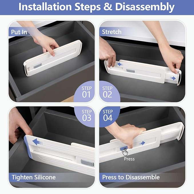 6pcs Drawer Dividers Adjustable 29-45cm, Thickened Hard Plastic Drawer Separators, No Installation Required for Cupboard Kitchen Bedroom