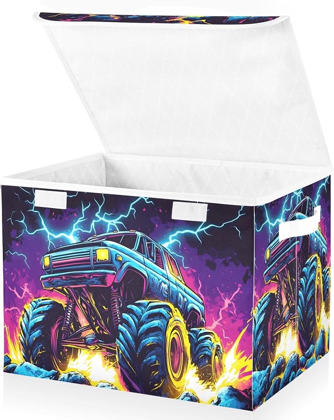 Storage Bins with Lid Monster Truck Foldable Storage Boxes 40L Baskets | Decorative Storage Boxes, 300D Oxford Cloth, Hollow Board Frame, Flip Top Velcro Lid, 16.5x12.6x11.8 inch, Collapsible Design