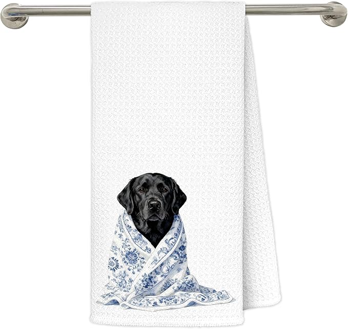 Blue Chinoiserie Black Labrador Retriever Kitchen Towels 16x24 in, Black Lab Gifts, Grandmillennial Floral Blanket Dog Decorative Hand Tea Dish Towels for Bathroom Kitchen