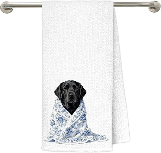 Blue Chinoiserie Black Labrador Retriever Kitchen Towels 16x24 in, Black Lab Gifts, Grandmillennial Floral Blanket Dog Decorative Hand Tea Dish Towels for Bathroom Kitchen
