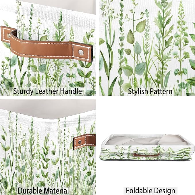 Sage Green Leaves Cube Storage Bin, 13 Inch Collapsible Fabric Storage Bin, Spring Eucalyptus Foldable Cube Baskets for Shelf, Closet, Organizer