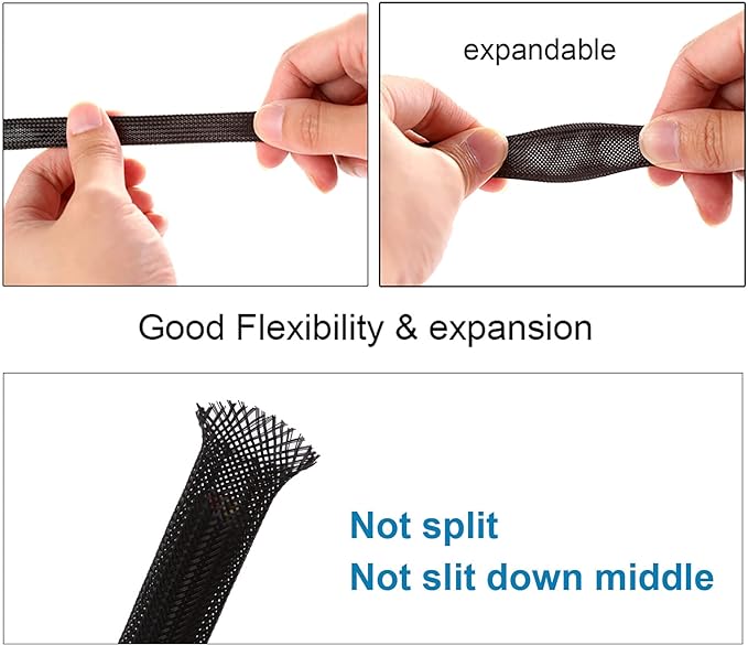 25ft - 3/4 inch PET Expandable Braided Sleeving – Black – Alex Tech Braided Cable Sleeve