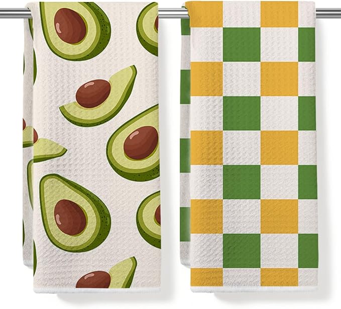 Avocado and Color Checkered Kitchen Towels, Quick Dry Multipurpose Waffle Weave Hand Towels for Bathroom, Absorbent Reusable Cloth Tea Dish Towels for Home Decor, Avocado Lover Gift Towel Set of 2