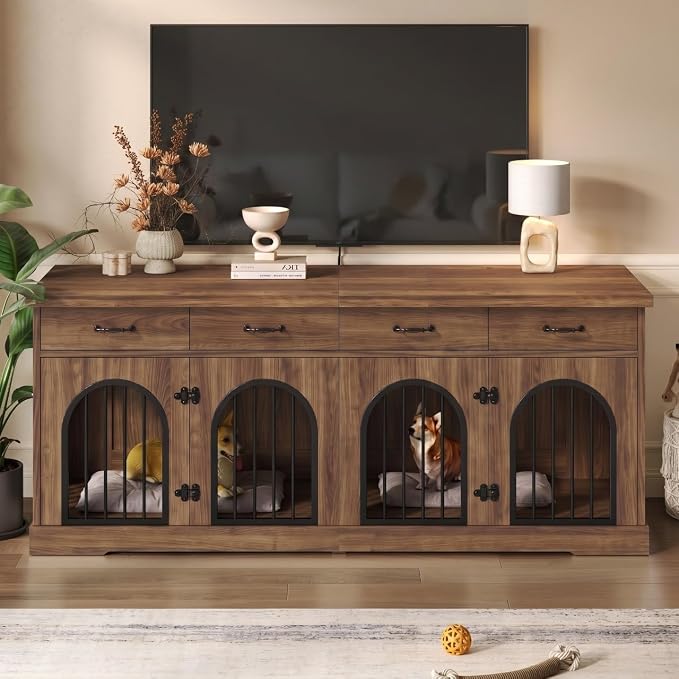 Merax 70.8" Large Dog Crate Furniture & TV Stand for 2 Dogs – Double Kennel with 4 Storage Drawers, Removable Divider & Arched Metal Doors – Wood Indoor Pet House for Medium/Large Breeds, Brown