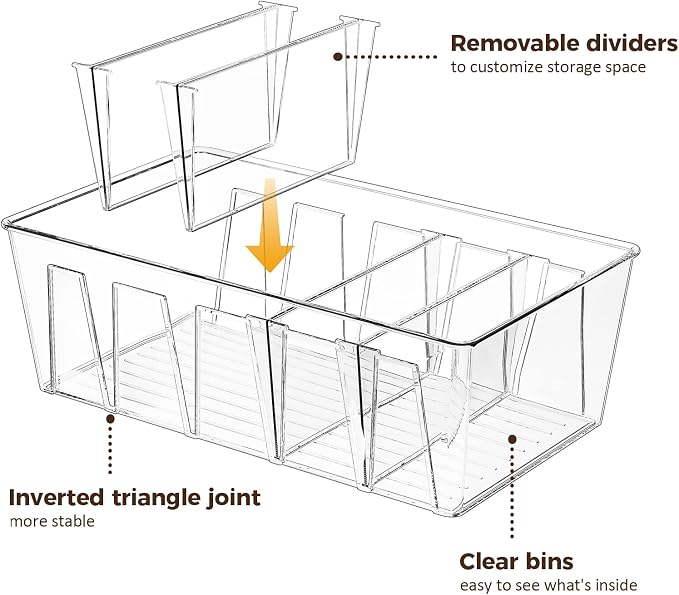 Puricon 4 Pack Pantry Organization and Storage Bins for Kitchen Fridge | Stackable Clear Plastic Storage Racks with Removable Dividers for Countertop Cabinet, 5 Compartments for Snacks Packet Spices