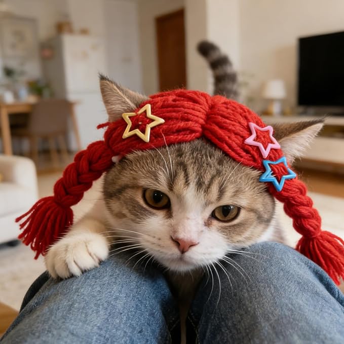 DOITOOL Red Cat Braid Wig Featuring Clip-on Attachment, Yarn Braided Pigtail Hairpiece for Pets, Reusable and Washable Costume Accessory for Halloween and Holiday Celebrations