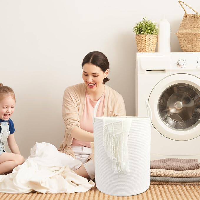 Woven Cotton Rope Laundry Basket, 15" x 20" Laundry Hamper, White | Rope storage basket for dirty clothes, toys and blankets. Perfect for bathroom, baby nursery and living room storage.