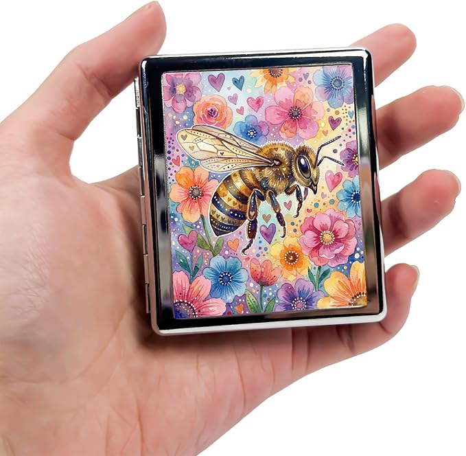 Weekly Pill Organizer, Metal Pill Box with 8 Compartments, Small Travel Pill Case for Purse Pocket, Medicine Vitamin Supplement Organizer (Honey Bee)