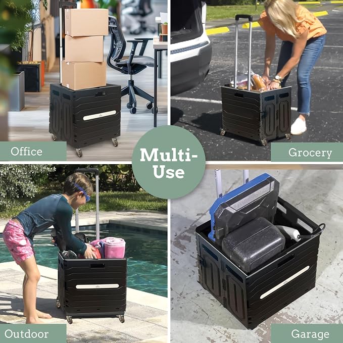 Inspired Living Collapsible Folding Utility Cart, Heavy-Duty Rolling Crate with 360° Wheels, Telescoping Handle, Hidden Lid, Holds 200 Lbs, Black