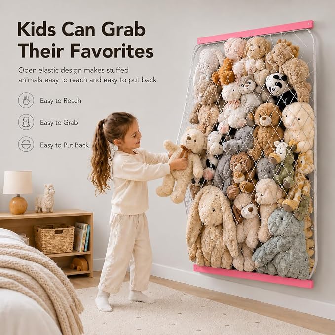 Stuffed Animal Storage Net, Elastic Stuffed Toy Holder,Door/ Wall Mount Length Adjustable Hanging Stuffy Animal Organizer, Plushie Net For Nursery Play Room-Pink Boards