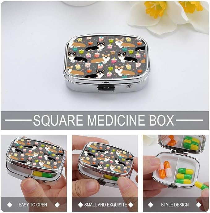 2 Compartment Square Pill Box Portable Metal Travel Pill Organizer | Cute Corgi Pet Pill Case to Hold Vitamins, Medication, Fish Oil and Supplements, Ideal for Purse & Pocket
