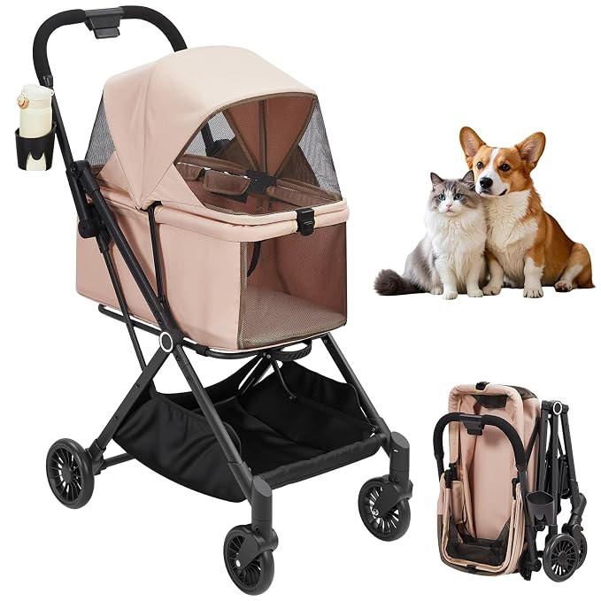 Foldable Pet Stroller for Medium Small Dogs Cats, 4-Wheel Lightweight Dog Stroller with 360° Swivel Wheels & Foot Brake, Breathable Mesh Weather-Resistant Luxury Cat Travel Carriage, 50 Lbs, Khaki