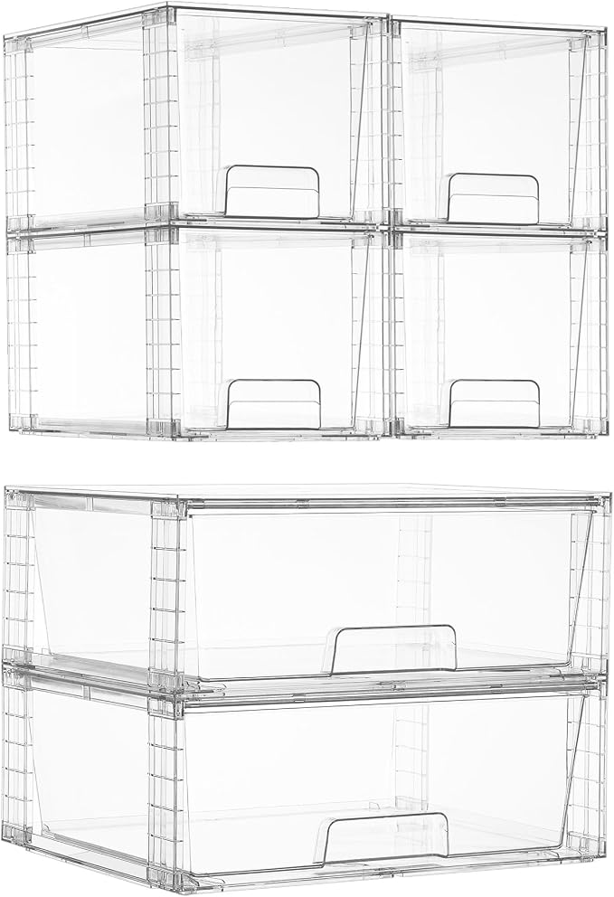 Vtopmart Clear Stackable Storage Drawers, 6 Pack Large Organizer Set | Wide and Medium Pull-Out PET Drawers with Stackable Design for Larger Storage Needs, Kitchen Cabinets, Closets and Pantry