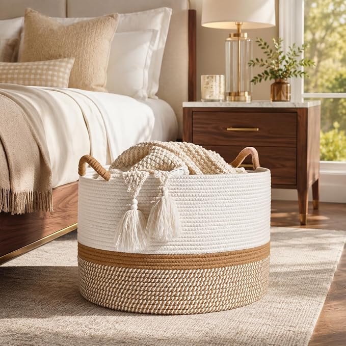 KAKAMAY Large Blanket Basket with Handles, Storage Basket for Living Room | Extra Large Capacity | Blanket Storage | Laundry Basket | Natural Cotton Rope | Stuffed Animal Storage | Woven Storage Basket