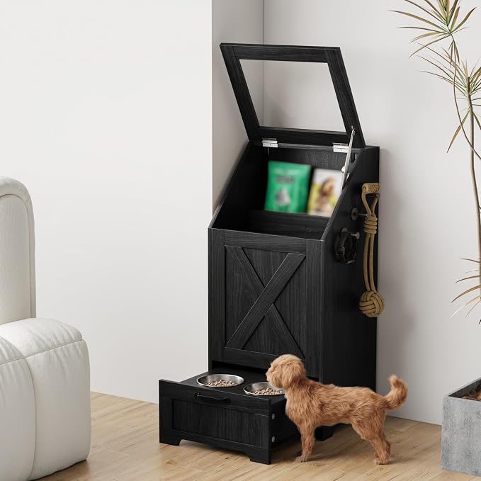 Pet Feeding Station with Storage Cabinet & 2 Elevated Bowls,Hooks,Black | Flip-top Sealed Food Bin.Pull-out Bowl Drawer with Wheels.3 Side Hooks+Internal Shelf for Cans.Anti-tip Device.For Dogs/Cats.