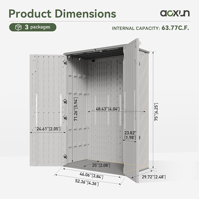 Aoxun Outdoor Storage Shed, 64 Cu.Ft Vertical Resin Sheds, White | Storage Sheds with Floor, Outdoor Waterproof Storage Cabinet for Garage Storage, Pool Storage, Bike Shed, Garden Shed