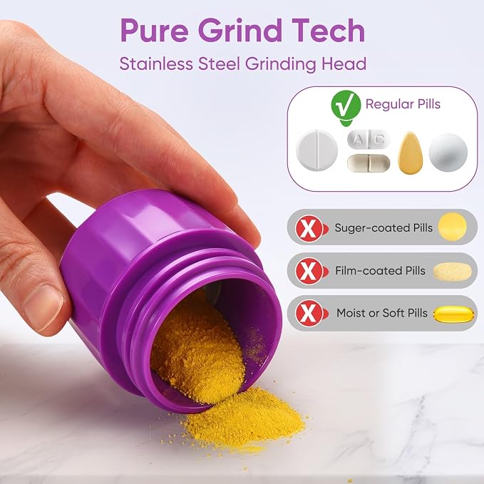 3-in-1 Pill Crusher and Cutter (Purple) | Pills Crusher Fine Powder with Stainless Steel Grinding Head, Storage for Tablets, Cutter Splitter for Small and Tiny Pills