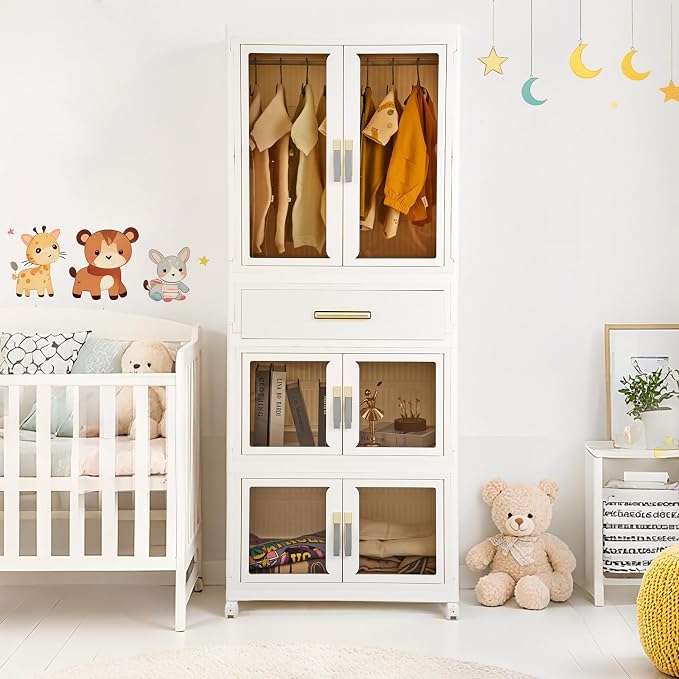 Portable Storage Closet Cabinet, Easy Assembly Wardrobe Organizer with Visualization Doors, Drawers, Hanging Rods, Rolling Wheels for Pet Dog Clothes, Toys