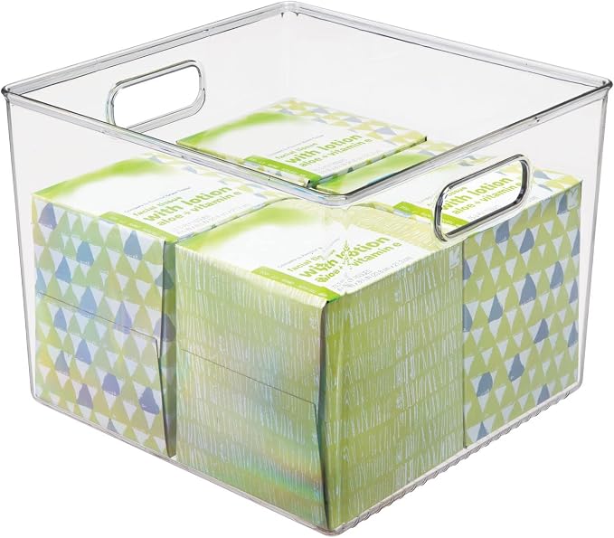 mDesign Plastic Modern Storage Organizer Bin Basket with Handles for Bathroom Organization - Shelf, Cubby, Cabinet, Vanity, and Closet Organizing Decor - Ligne Collection - Clear