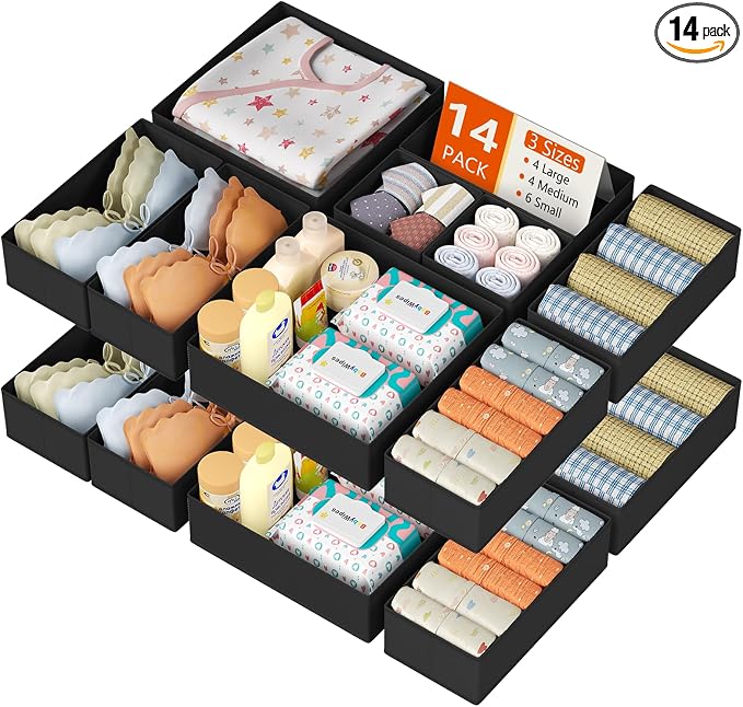DIMJ Drawer Organizer Clothes 14 Pack - Foldable Baby Organizers and Storage & Dresser Organizer for Bedroom, Closet - Nursery Organization Dresser Dividers for underwear, Sock,Bra, Belt, Tie, Black