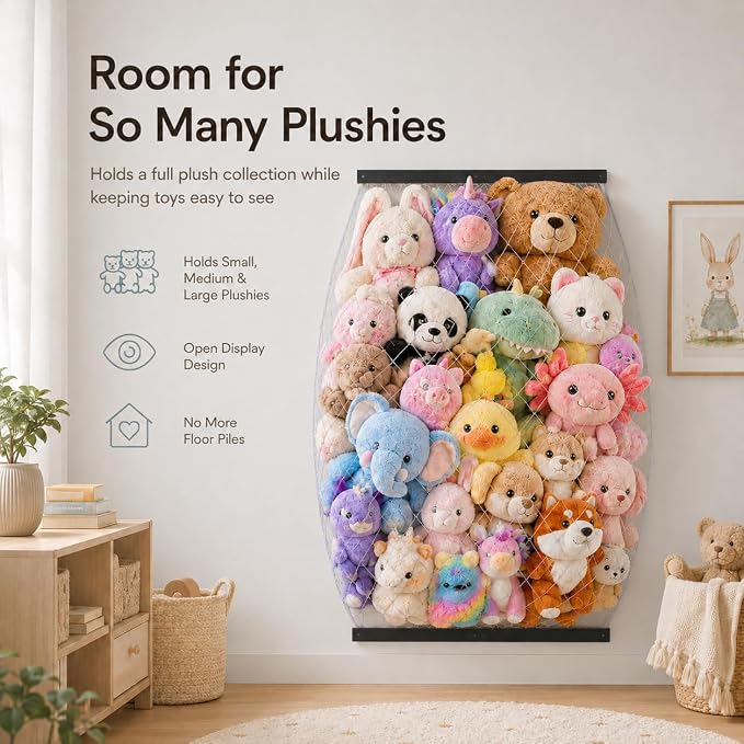 Stuffed Animal Storage Net, Elastic Stuffed Toy Holder,Door/Wall Mount Length Adjustable Hanging Soft Toy Organizer, Plushie Net for Nursery Play Room-Black Boards