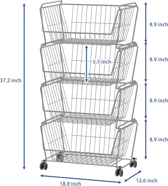 PUSDON 4-Tier Large Stackable Wire Storage Baskets with Wheels, Metal Rolling Utility Cart Organizer, Fruit and Vegetable Produce Basket for Kitchen Pantry, Bathroom Floor Shelf, Silver Grey