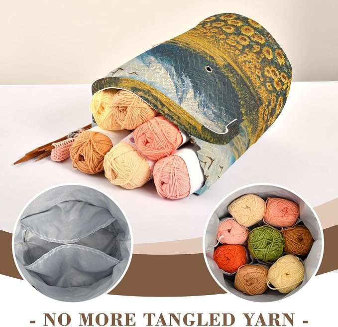 Tatenale Crochet Bag Yarn Bag Knitting Project Bag with Pockets and Handle Portable Yarn Storage Organizer Tangle Free 8.3x11 InchSunflowers Eagles and Mountain40