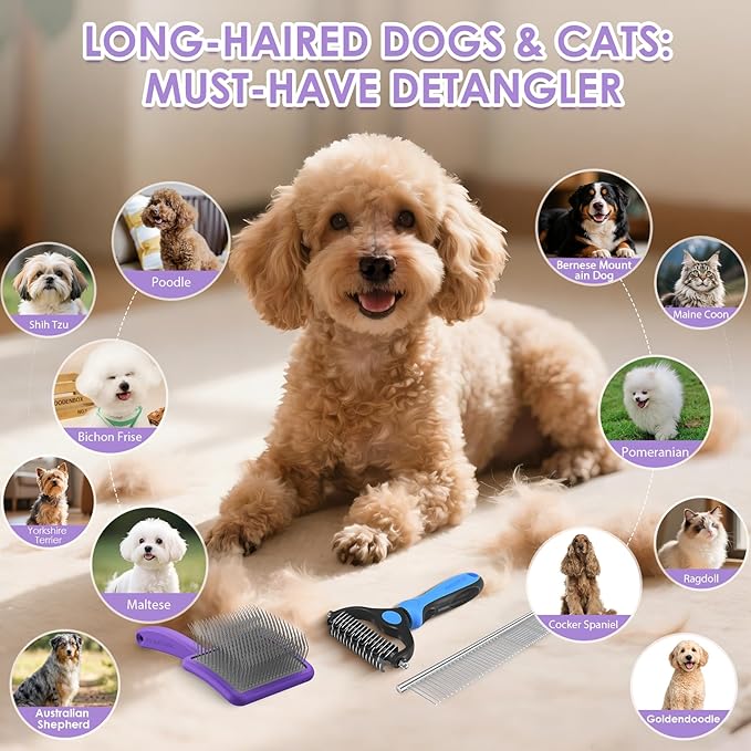 Large Dog Slicker Brush for Goldendoodles, Poodles - 3 in 1 Grooming Kit with Undercoat Rake, Comb - Extra Long Pins for Dematting Great Pyrenees, Thick Coats, Shedding, Detangling, Purple