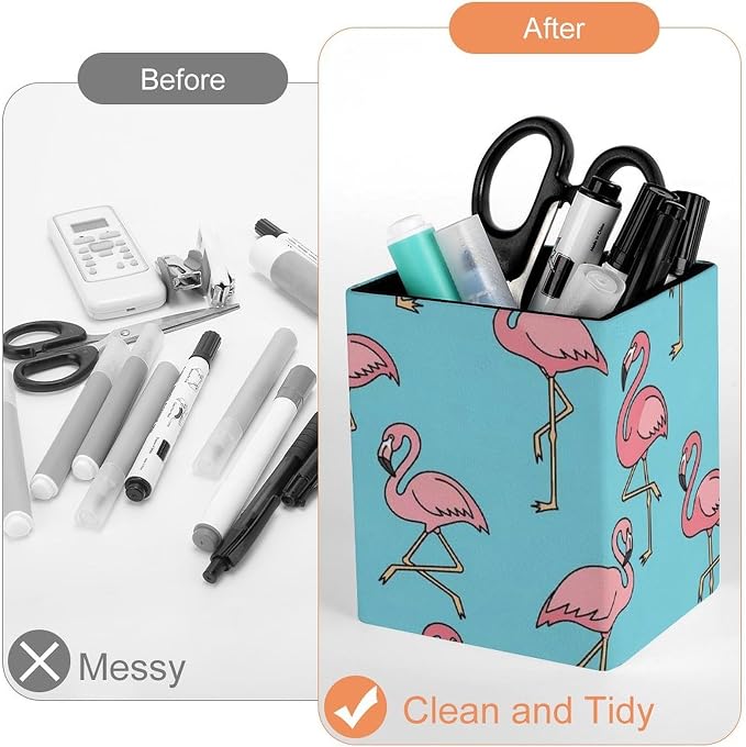 PU Leather Pen Pencil Holder Flamingo Floral Sky Blue Pencil Cup Stationery Container Box Makeup Brush Holder Storage Organizer for Office Supplies