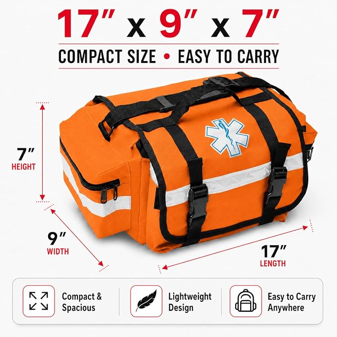 NOVAMEDIC NM-RO63P Professional First Responder Bag, 17” x 9” x 7” Empty EMT Trauma Kit Carrier with Removable Dividers, Reflective Strips, Water-Resistant Base for Emergency Medical Supplies (Orange)