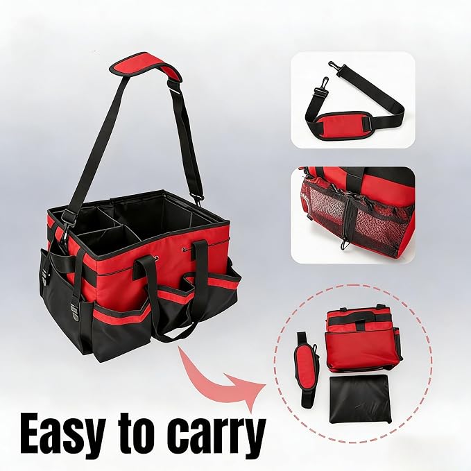 Tool Organizer Tote Bag, Pink and Black, Large Capacity with Adjustable Compartments, Portable Cleaning Storage Caddy, 14.96x10.63x9.06 Inches (Red)
