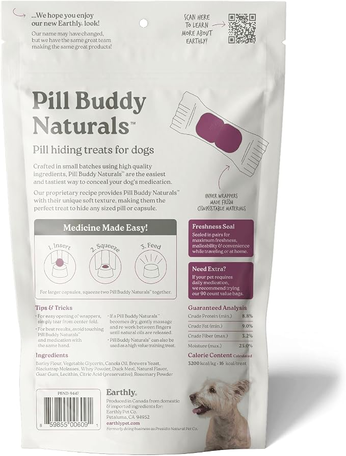 Presidio Earthly Pill Buddy Naturals - Duck (Chicken-Free) Pill Hiding Treats for Dogs - Pill Pocket for Any Size Medication - 30 Servings