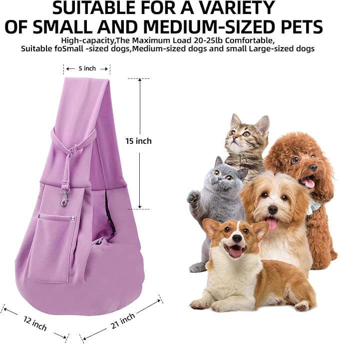 ARZQUT Dog and Cats Carrier Sling, Small Pet Carrier with Storage Pocket | Reversible Puppy Sling Carrier, Safety Buckle, Storage bag, Machine Washable for Travel, Outdoor Activitie, Hand-Free,Purple