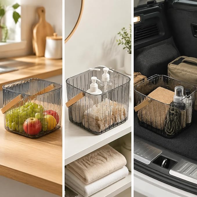 Clear Storage Basket Organizer, Portable Storage Box Bins for Use & Outdoor Camping, Transparent Gray