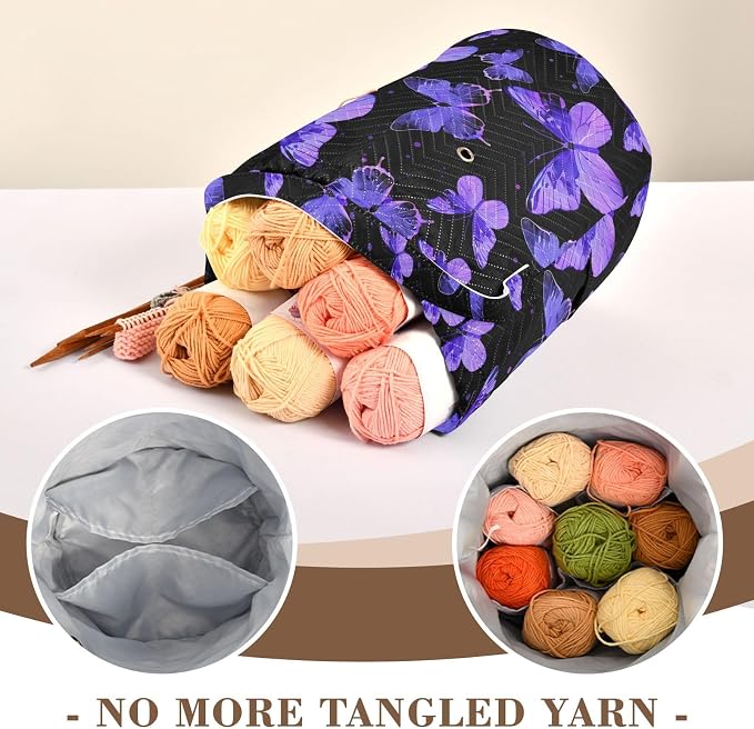 Fustylead Hand Draw Purple Butterflies Silhouette Large Crochet Organizer, Durable Polyester Drawstring Basket Yarn Storage Bag for Crochet Hooks, Knitting Needles, Project and Sewing Supplies