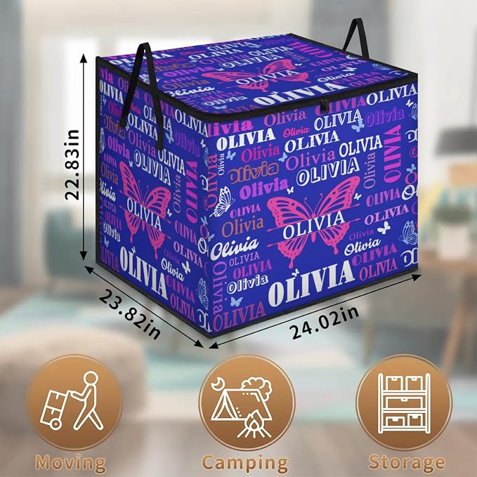Custom Name Large Clothes Storage Organization with Lids, Kids Toys Bin Shelf Basket, Bedding Clothes Towel Navy Blue Butterflies Storage Bin for Nursery, Gift Basket, Pet Basket