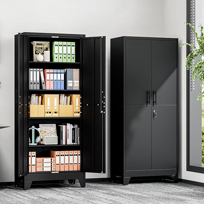 Tall Metal Storage Cabinet with Lock, 4 Adjustable Shelves, Steel Cabinet | Heavy-duty steel cabinet with lockable storage, adjustable shelves, adjustable feet for indoor use