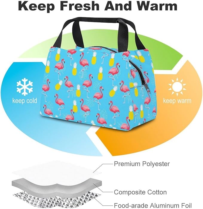 Insulated Handheld Lunch Bag, Flamingo Pineapple Mint Green | Spacious Food Storage Cooler Bags, Leakproof Snack Tote, for Picnic Travel Office Outdoor BBQ