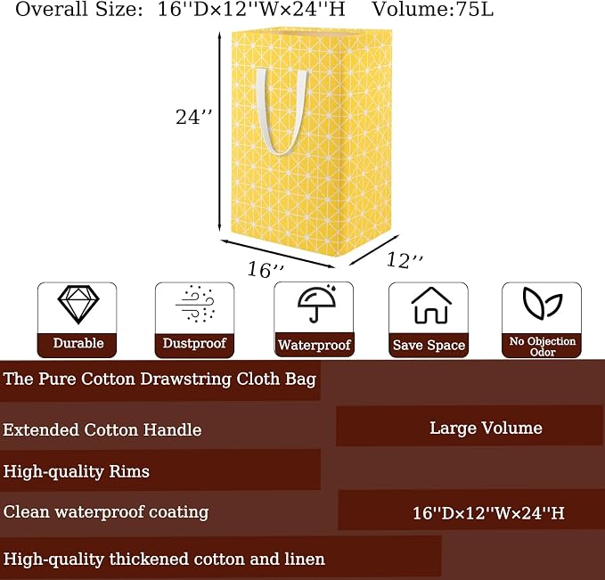 Waterproof Laundry Hamper Collapsible Laundry Basket Extended Cotton Handle Laundry Bag Large Clothes Storage Toy Organization for Bathroom Bedroom Laundryroom College Dorms