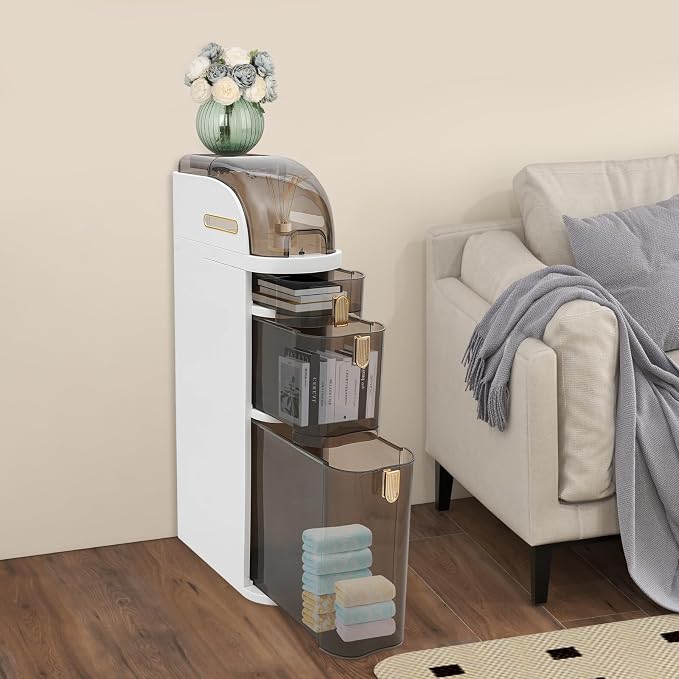 3 Tiers Slim Bathroom Storage Cabinet, Drawer Narrow Slim Storage Cart with Tissue Box and Removable Dividers, Portable Utility Organizer Cart Bedroom Kitchen Office Dorm, Compact Vertical Design