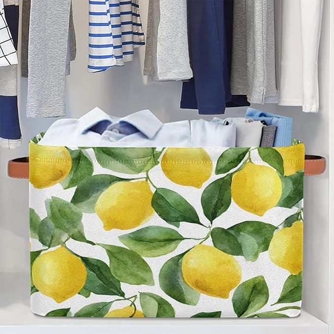 SEULIFE Watercolor Lemon Tree Leaves Foldable Storage Basket, Large Collapsible Organizer Storage Bin Cube Toys Storage Boxes with Handles for Bathroom Kids Nursery Closet Storage, 1 Pack